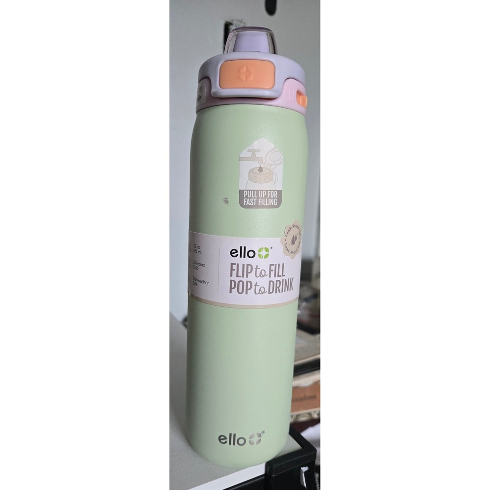 Ello Pop & Fill 22oz Stainless Steel Water Bottle Mint Green Lavender Insulated